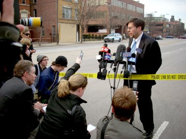 UIC spokesman Mark Rosati talking to press after the Student Services Building had been evacuated. DSCN0736.jpg